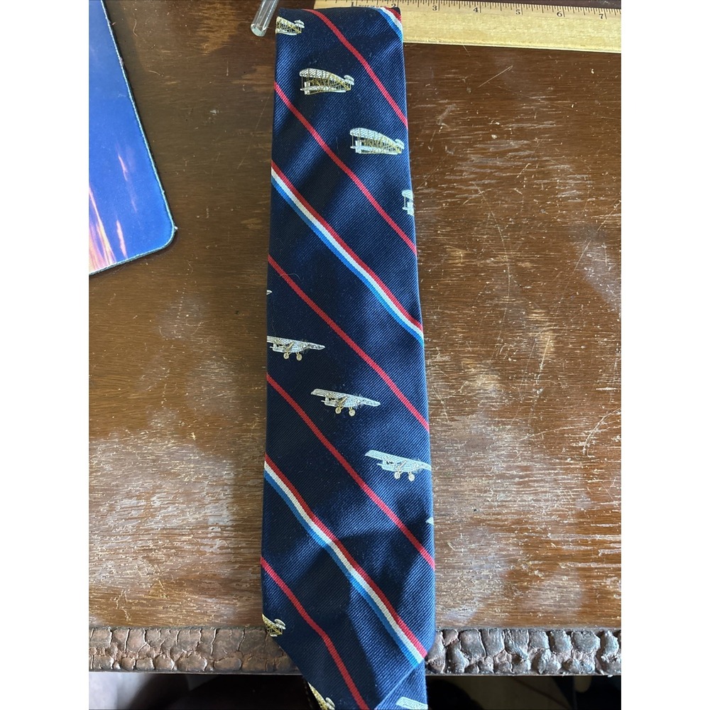 Smithsonian Institution Prince Consort Mens Navy Airplane Stripe Tie‎ 1976 Vtg